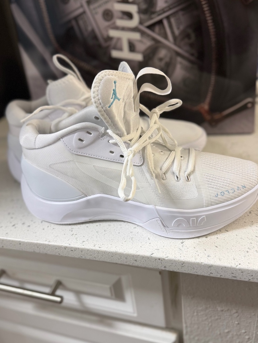 Jordan men All-White Sneakers with Teal Jumpman